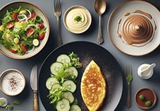 un vaso con Gazpacho, un plato con estofado de Lentejas, un plato con macarrones con salsa alioli y Helado de vainilla